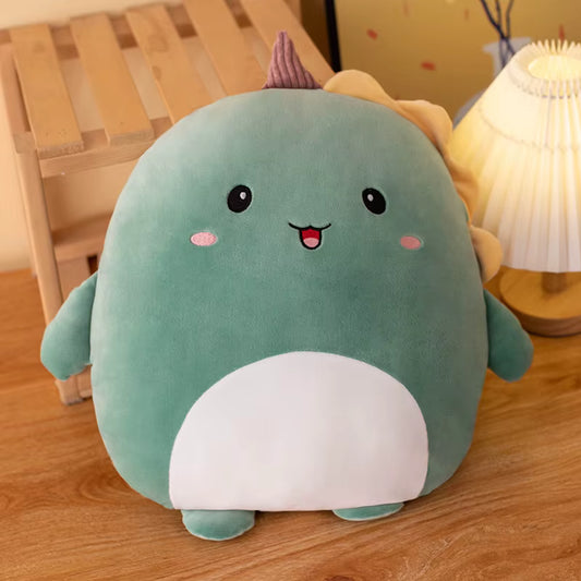 Dino plush toy with a happy expression on a wooden floor