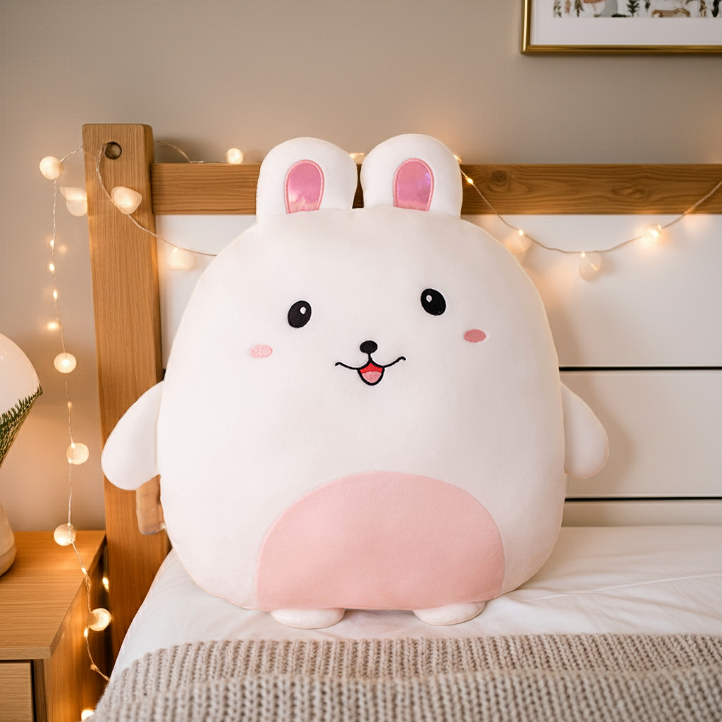 Cute plush toy shaped like a bunny with pink cheeks and ears on a bed.