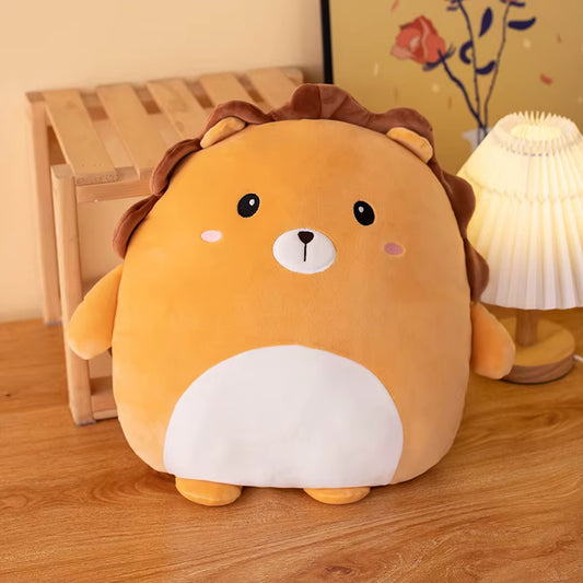 Cute plush toy lion on a wooden floor with a lamp and decorative elements in the background